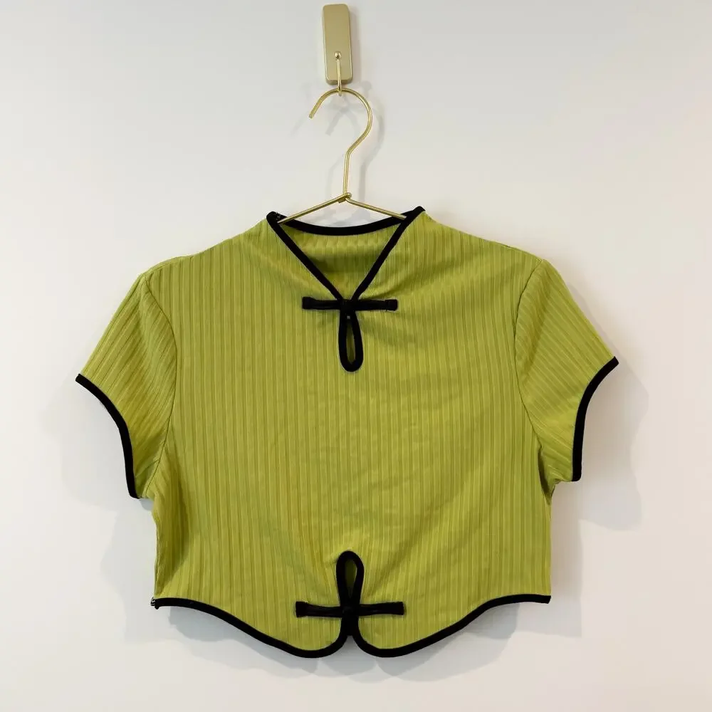 SHEIN Green Ribbed Crop Top S Mandarin Collar Contrast Trim - Picture 3 of 5